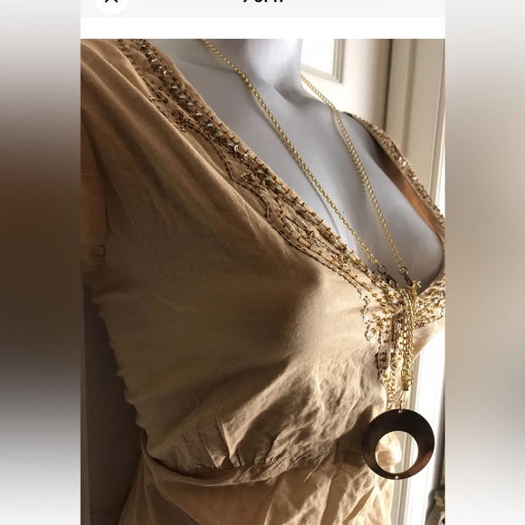 NWT $68 Bloomingdales  Abby Z Tan Peasant Boho Top-Plus size 1X-Beaded Tie Waist - Picture 8 of 11